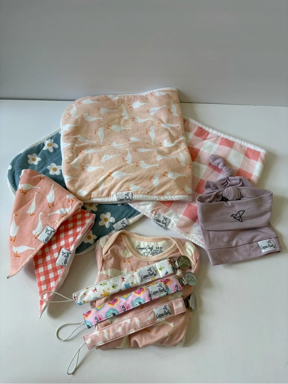 Lot Of Copper Pearl 1 Dn Bodysuit 3 Burp Cloth 2 Bibs Hat Headband 3 Binky Clips